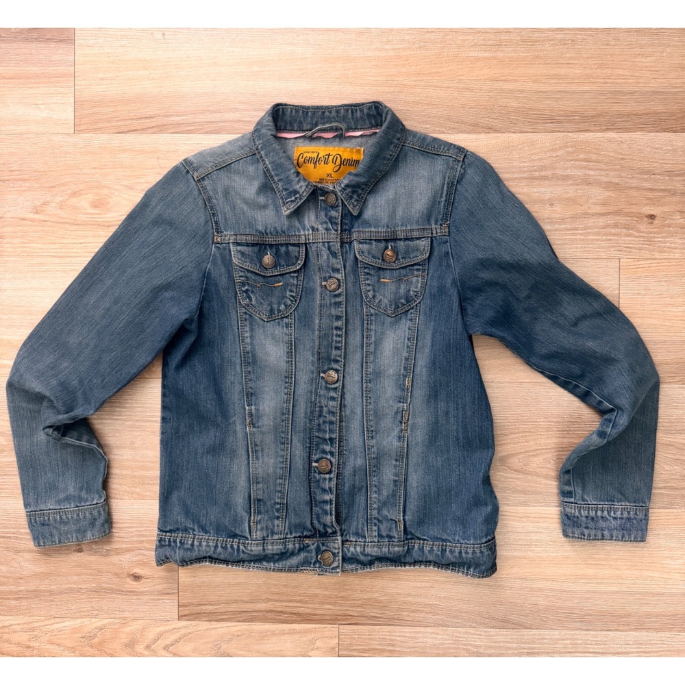 Comfort Denim Womens XL Medium Wash Blue Cotton Button Front Trucker Jacket